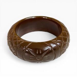 Vintage Brown Carved Extra Chunky Lucite Bangle Bracelet Statement Piece Retro